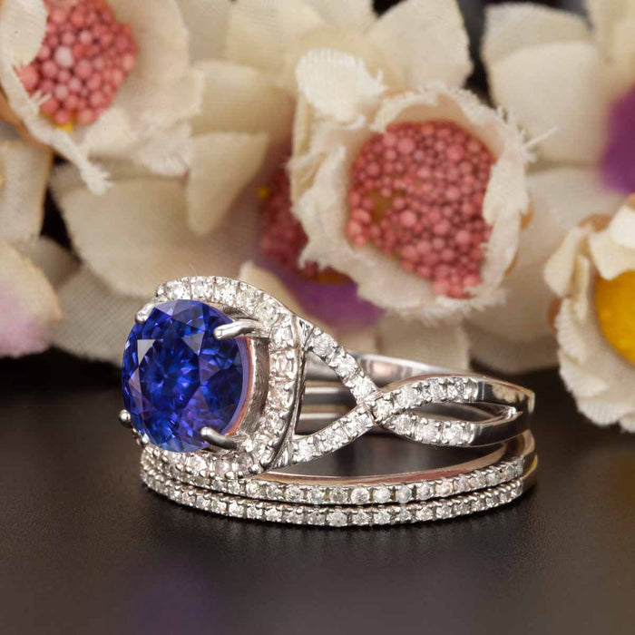 Big 2 Carat Round Cut Sapphire and Diamond Trio Wedding Ring Set in White Gold