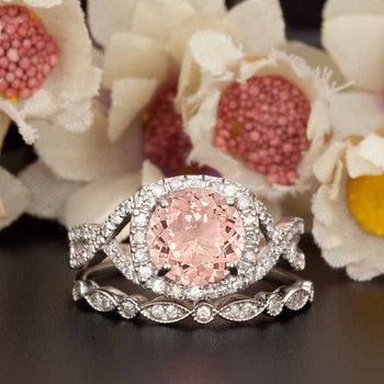 Art Deco 1.5 Carat Round Cut Peach Morganite and Diamond Wedding Ring Set in 9k White Gold Stunning Ring