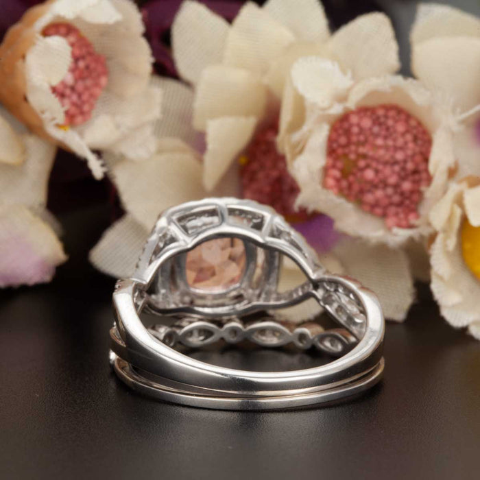 Big 1.5 Carat Round Cut Ruby and Diamond Art Deco Bridal Ring Set in 9k White Gold
