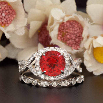 Big 1.5 Carat Round Cut Ruby and Diamond Art Deco Bridal Ring Set in 9k White Gold