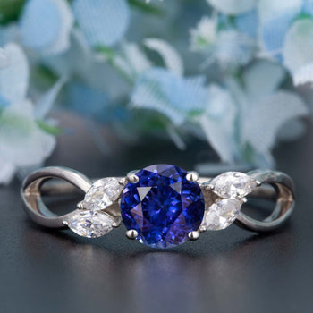 Beautiful 1.25 Carat Round Cut  Sapphire and Diamond Engagement Ring in White Gold