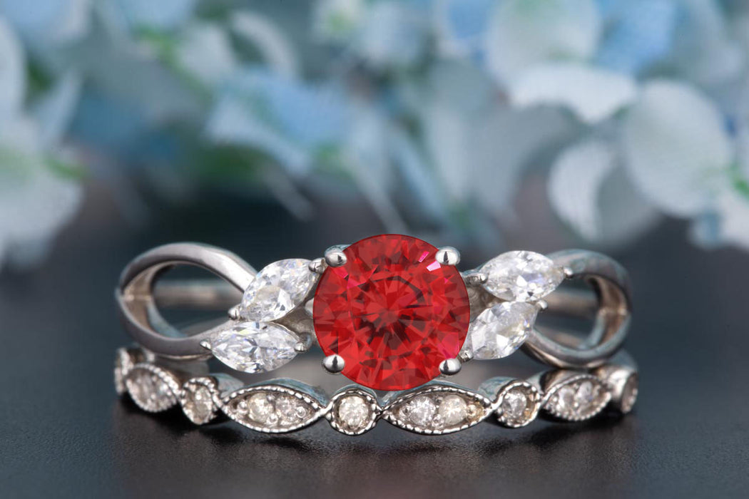 Beautiful 1.5 Carat Round Cut  Ruby and Diamond Wedding Ring Set in 9k White Gold