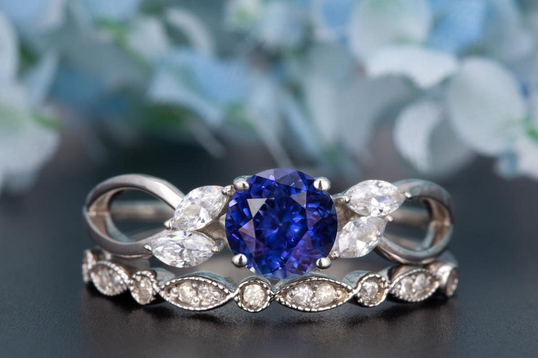 Beautiful 1.50 Carat Round Cut  Sapphire and Diamond Wedding Ring Set in White Gold