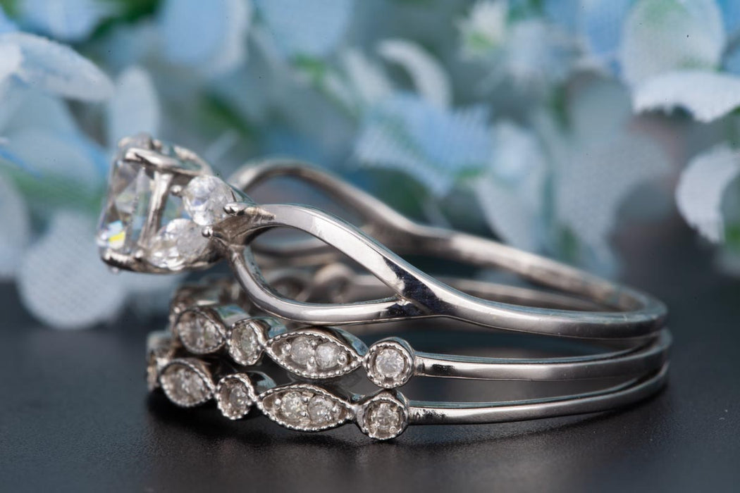 Beautiful 2 Carat Round Cut Ruby and Diamond Trio Wedding Ring Set in 9k White Gold