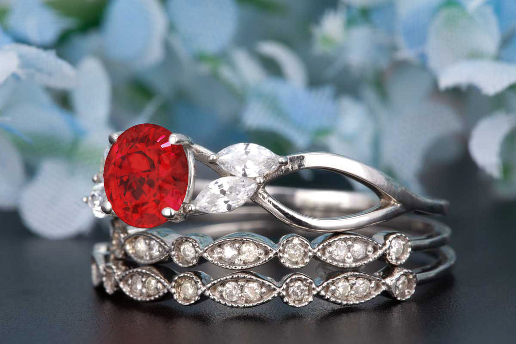 Beautiful 2 Carat Round Cut Ruby and Diamond Trio Wedding Ring Set in 9k White Gold