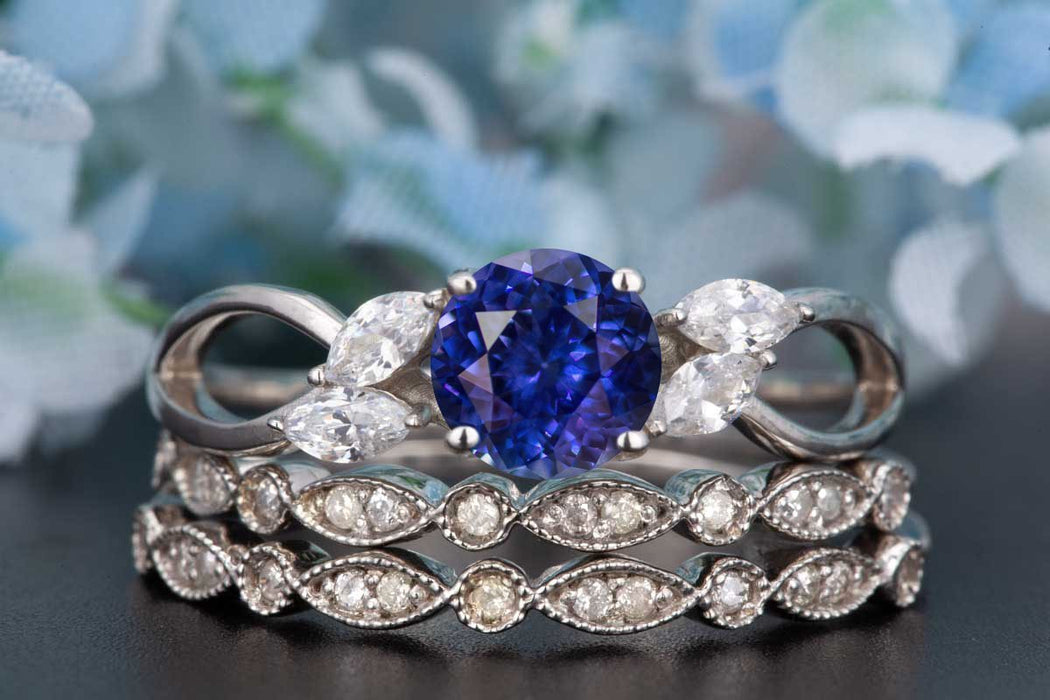 Beautiful 2 Carat Round Cut Sapphire and Diamond Trio Wedding Ring Set in White Gold