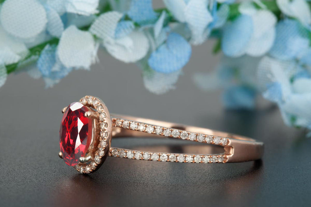 Elegant 1.25 Carat Oval Cut  Ruby and Diamond Engagement Ring in 9k Rose Gold