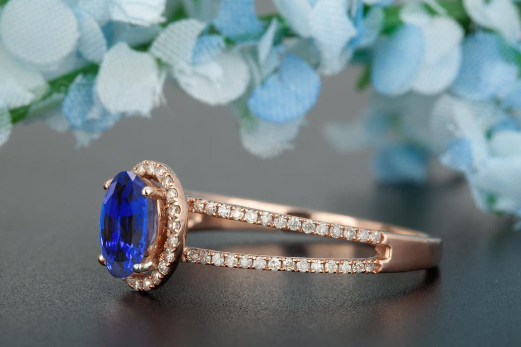 Elegant 1.25 Carat Oval Cut  Sapphire and Diamond Engagement Ring in Rose Gold