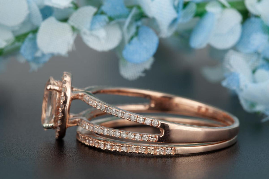 1.50 Carat Oval Cut Peach Morganite and Diamond Wedding Ring Set in Rose Gold Elegant Ring