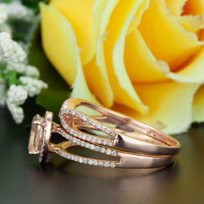 2 Carat Oval Cut Peach Morganite and Diamond Wedding Ring Set in Rose Gold Elegant Ring