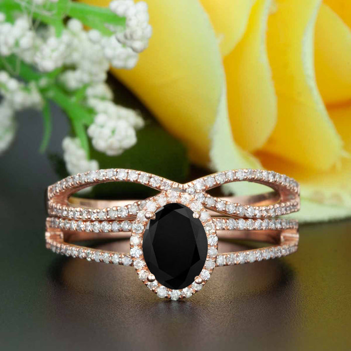 Elegant 2 Carat Oval Cut  Black Diamond and Diamond Engagement Ring with Matching Wedding Band in 9k Rose Gold