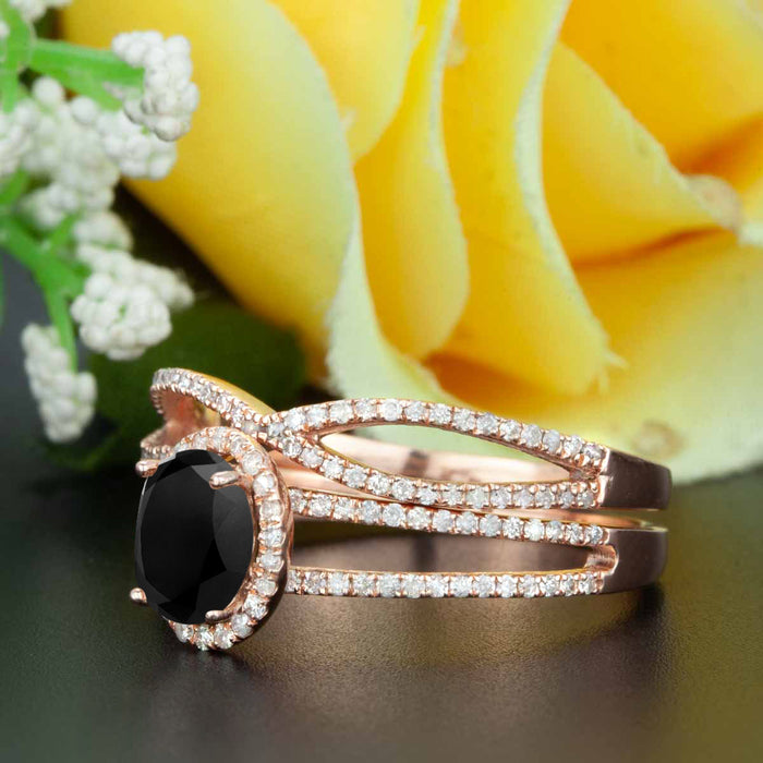 Elegant 2 Carat Oval Cut  Black Diamond and Diamond Engagement Ring with Matching Wedding Band in 9k Rose Gold