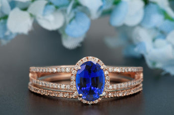 Elegant 1.50 Carat Oval Cut Sapphire and Diamond Engagement Ring Bridal Ring Set in Rose Gold