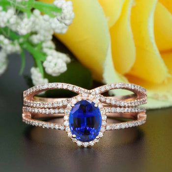 Elegant 2 Carat Oval Cut  Sapphire and Diamond Engagement Ring Bridal Ring Set in Rose Gold