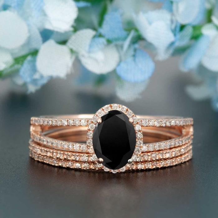 Elegant 2 Carat Oval Cut Black Diamond and Diamond Trio Wedding Ring Set in Rose Gold