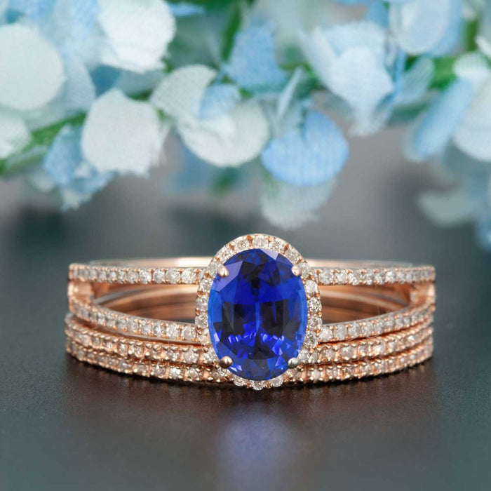 Elegant 2 Carat Oval Cut  Sapphire and Diamond Engagement Ring Trio Wedding Ring Sets in Rose Gold