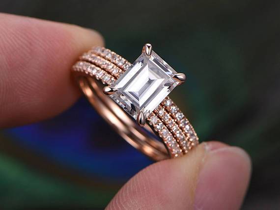 2 Carat Emerald Cut Moissanite and Diamond Trio Wedding Ring Set in Rose Gold