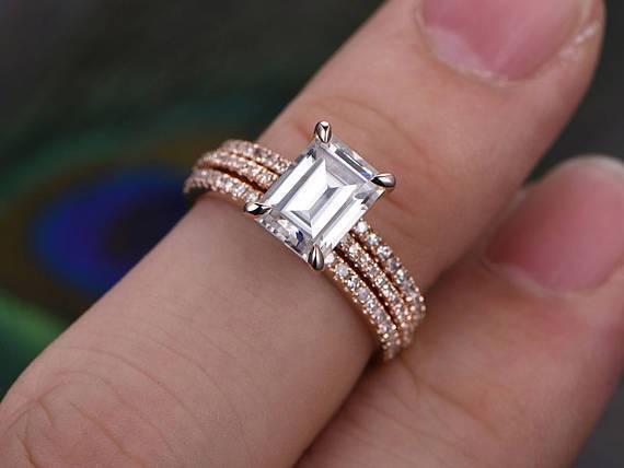 2 Carat Emerald Cut Moissanite and Diamond Trio Wedding Ring Set in Rose Gold