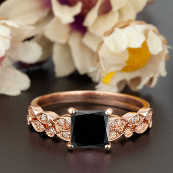 Celebrity 1.50 Carat Princess Cut Black Diamond and Diamond Wedding Ring Set in Rose Gold