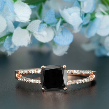 Handmade 1.25 Carat Cushion Cut Black Diamond and Diamond Engagement Ring in Rose Gold