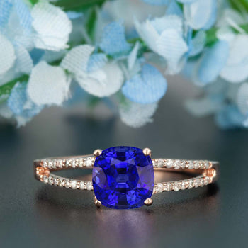 Handmade 1.25 Carat Cushion Cut Sapphire and Diamond Engagement Ring in Rose Gold