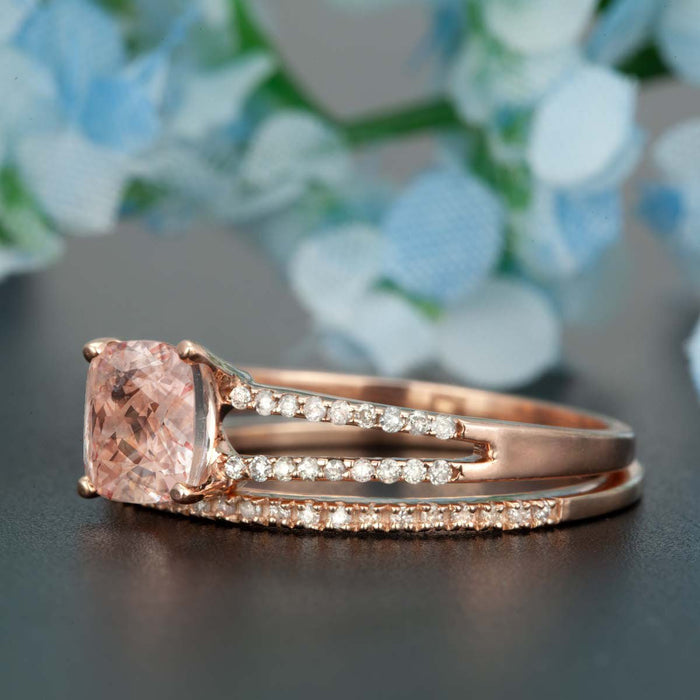 Designer 1.50 Carat Cushion Cut Peach Morganite and Diamond Bridal Ring Set in Rose Gold