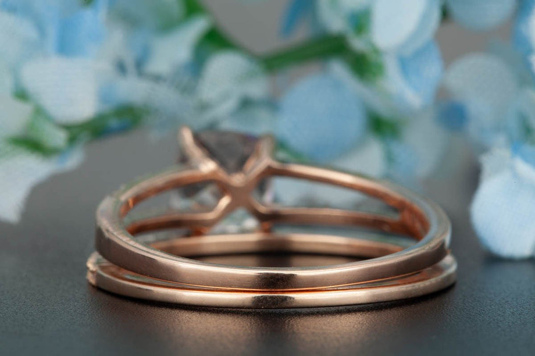 Designer 1.50 Carat Cushion Cut Peach Morganite and Diamond Bridal Ring Set in Rose Gold