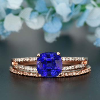 Handmade 1.50 Carat Cushion Cut Sapphire and Diamond Wedding Ring Set in Rose Gold