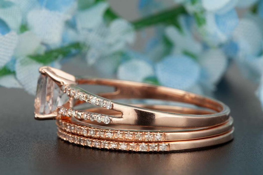 Handmade 2 Carat Cushion Cut Sapphire and Diamond Trio Wedding Ring Set in Rose Gold