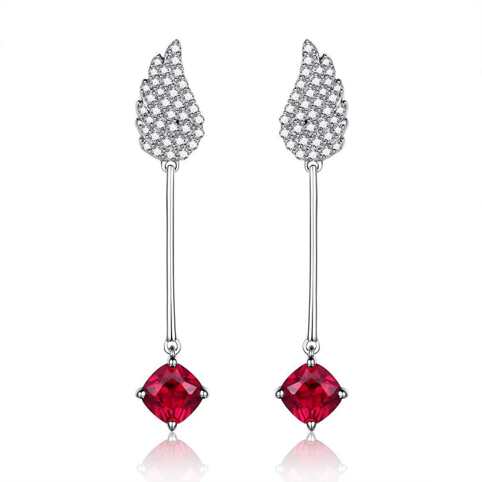 Angel Wing 2.25 Carat Cushion Cut Ruby and Diamond Drop Stud Earrings in White Gold