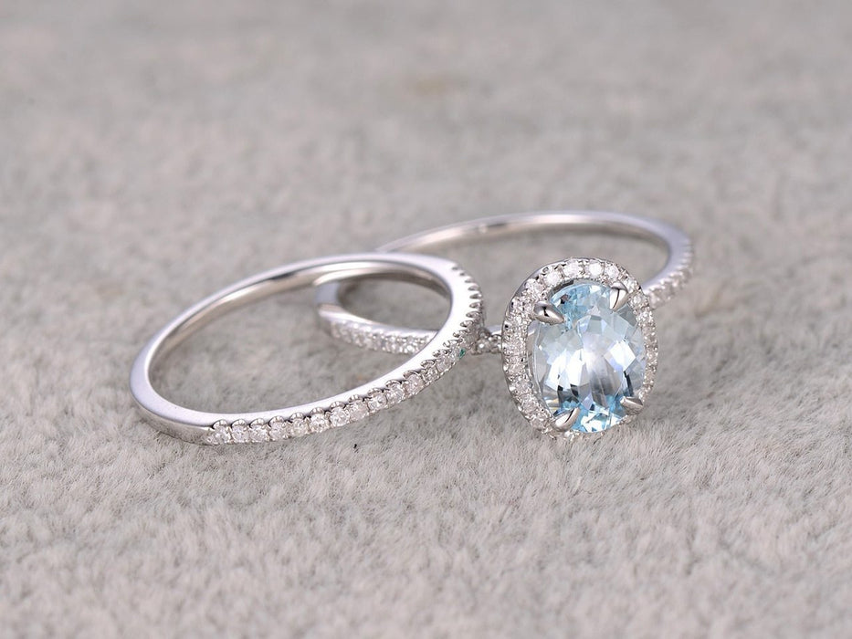 2 Carat oval cut Aquamarine and Diamond Halo Wedding Ring Set in White Gold