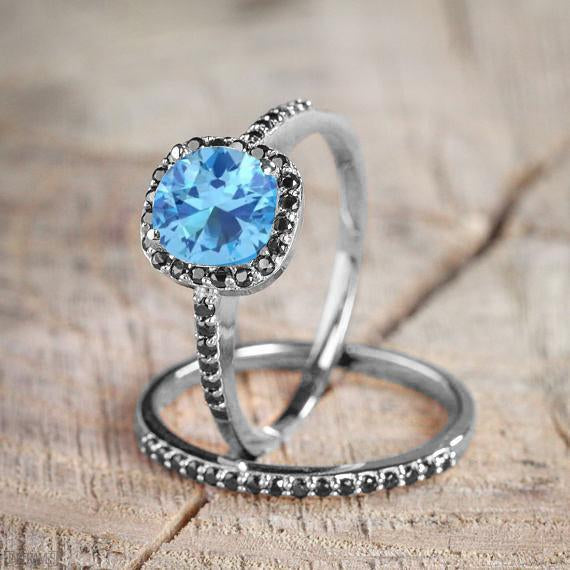 Beautiful 1.5 Carat Round Cut Aquamarine and Black Diamond Wedding Ring Set in White Gold
