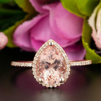 Classic 1.25 Carat Pear Cut  Peach Morganite and Diamond Engagement Ring in Rose Gold
