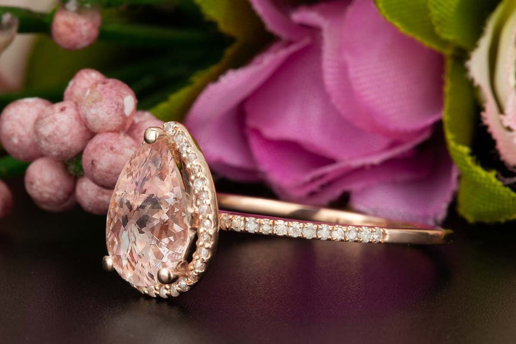 Classic 1.25 Carat Pear Cut  Peach Morganite and Diamond Engagement Ring in Rose Gold