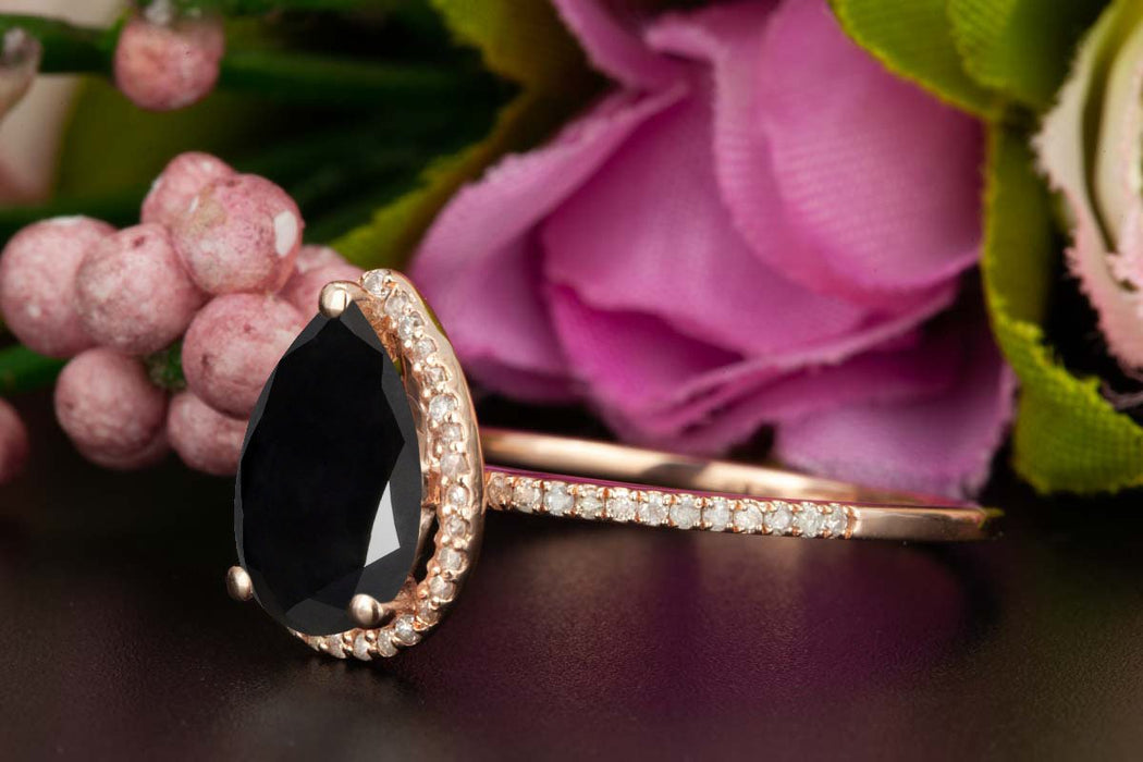 Classic 1.25 Carat Pear Cut Black Diamond and Diamond Engagement Ring in Rose Gold