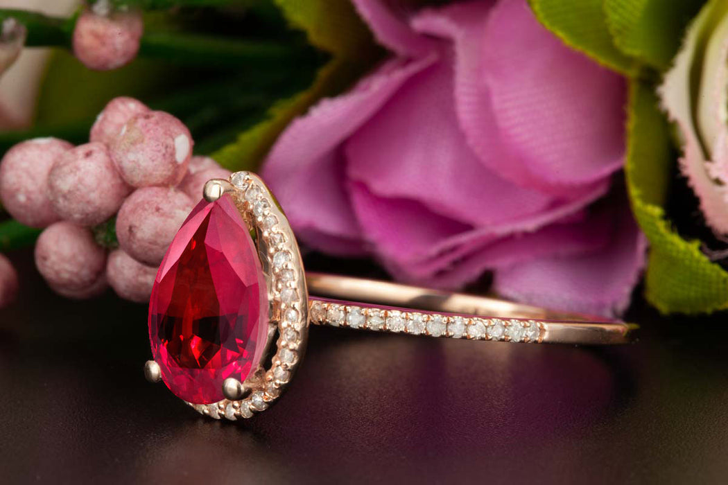 Classic 1.25 Carat Pear Cut Ruby and Diamond Engagement Ring in 9k Rose Gold