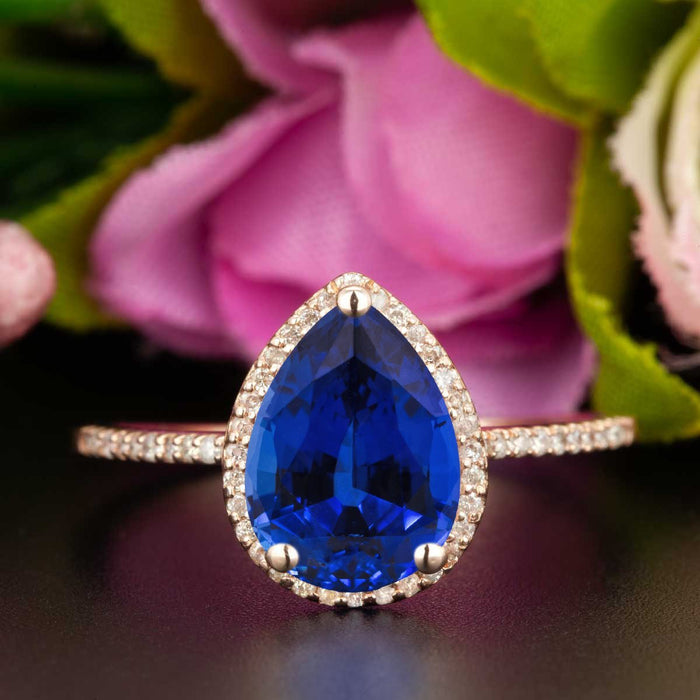 Classic 1.25 Carat Pear Cut Sapphire and Diamond Engagement Ring in Rose Gold