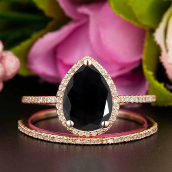 Classic 1.50 Carat Pear Cut Black Diamond and Diamond Bridal Ring Set in Rose Gold