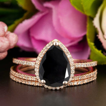 Classic 2 Carat Pear Cut Black Diamond and Diamond Trio Bridal Ring Set in Rose Gold