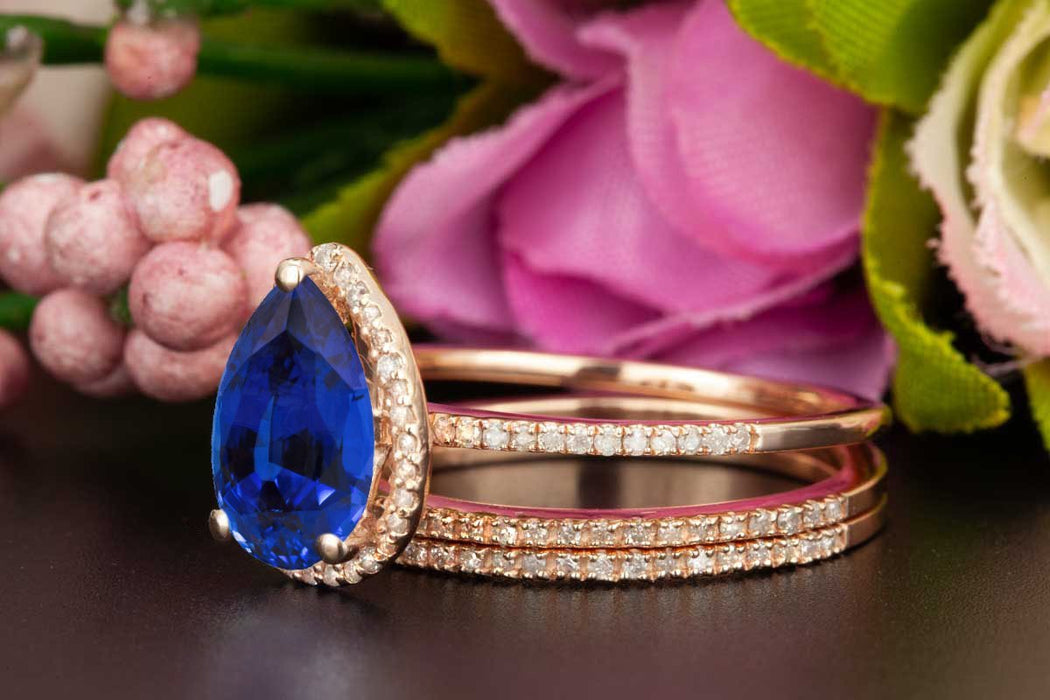 Classic 2 Carat Pear Cut Sapphire and Diamond Trio Bridal Ring Set in Rose Gold