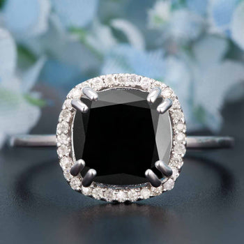 1.25 Carat Cushion Cut Halo Black Diamond and Diamond Engagement Ring in White Gold