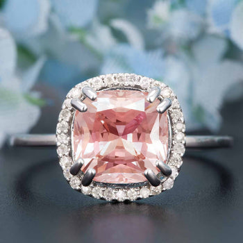 1.25 Carat Cushion Cut Peach Morganite and Diamond Engagement Ring in White Gold Flawless Ring