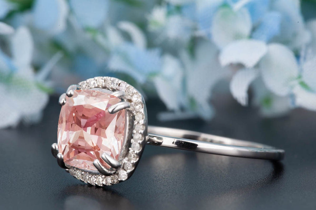 1.25 Carat Cushion Cut Peach Morganite and Diamond Engagement Ring in White Gold Flawless Ring