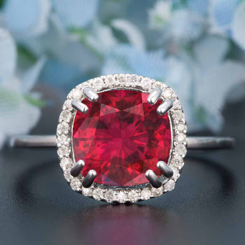 1.25 Carat Cushion Cut Halo Ruby and Diamond Engagement Ring in 9k White Gold