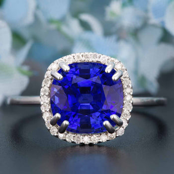 1.25 Carat Cushion Cut Halo Sapphire and Diamond Engagement Ring in White Gold