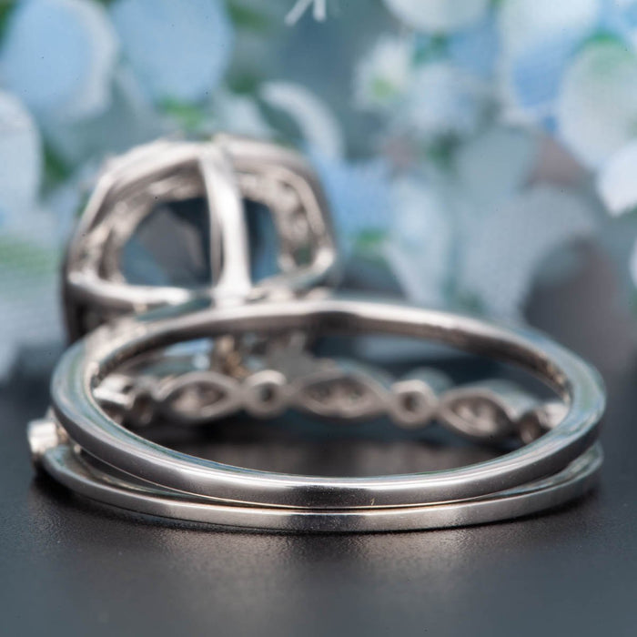 1.50 Carat Cushion Cut Halo Sapphire and Diamond Wedding Ring Set in White Gold