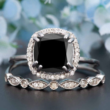 1.5 Carat Cushion Cut Halo Black Diamond and Diamond Wedding Ring Set in 9k White Gold