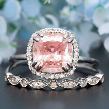 1.50 Carat Cushion Cut Peach Morganite and Diamond Bridal Ring Set in White Gold Flawless Ring