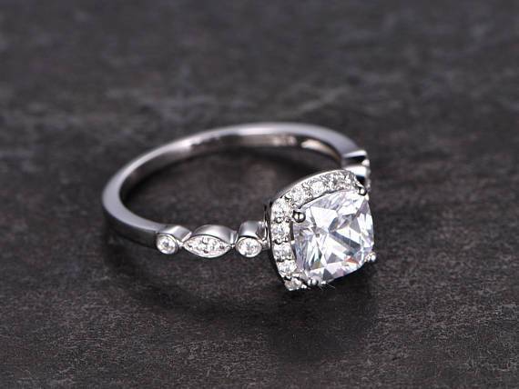 1.50 Carat Cushion Cut Moissanite and Diamond Halo Wedding Ring in White Gold