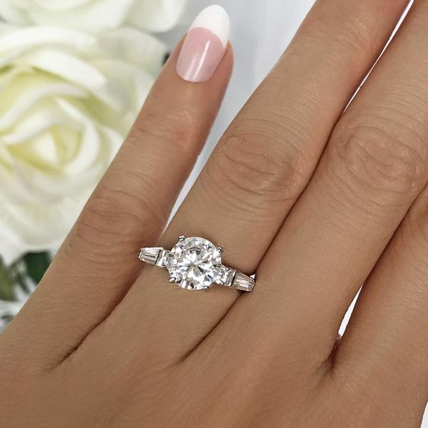 Final Sale: 2 Carat Round Cut Baguette Solitaire Engagement Ring in White Gold over Sterling Silver